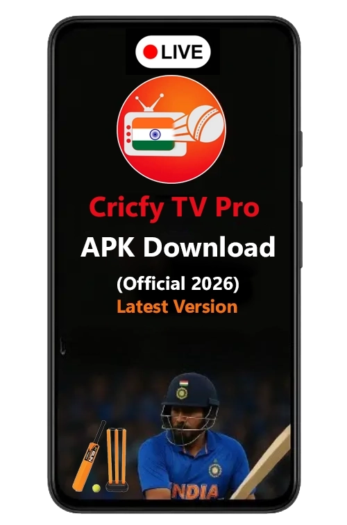 Cricfy TV Pro APK Download Official 2026 phone mockup
